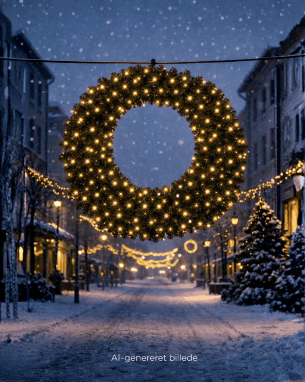 Stor oplyst julekrans med varm hvid LED hænger over snedækket gade, omgivet af guirlander og lys, som skaber hyggelig, stemningsfuld juleudsmykning i vinterligt bymiljø.