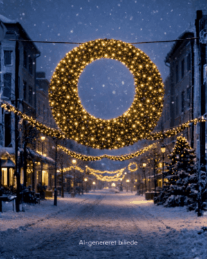 Stor oplyst julekrans med varme LED-lys hænger over snedækket gade i vinterby, omgivet af guirlander og mindre kranse, som skaber stemningsfuld juleudsmykning i aftenmørket.
