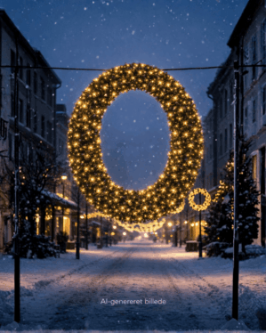 Oval ophængt julekrans af gran med varm hvid LED-belysning hænger over snedækket gade i vinterby, omgivet af julelys og faldende sne i stemningsfuldt aftenmiljø.