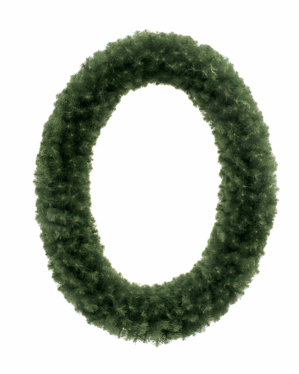 Oval julekrans af kunstig gran uden lys, fyldig og naturtro dekoration velegnet til ophæng over gader, facader eller som base til professionel juleudsmykning.