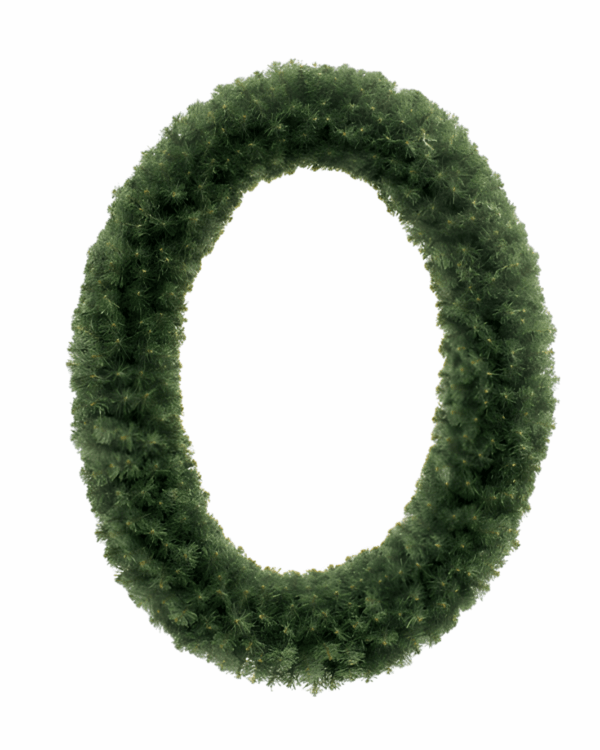 Oval julekrans af kunstig gran uden lys, fyldig og naturtro dekoration velegnet til ophæng over gader, facader eller som base til professionel juleudsmykning.