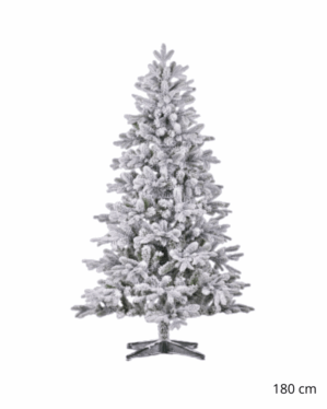 Kunstigt sneklædt juletræ på 180 cm med fyldige, naturtro grene og stabil PVC stand, velegnet til større juleudsmykning i hjemmet, butikker eller professionelle miljøer.