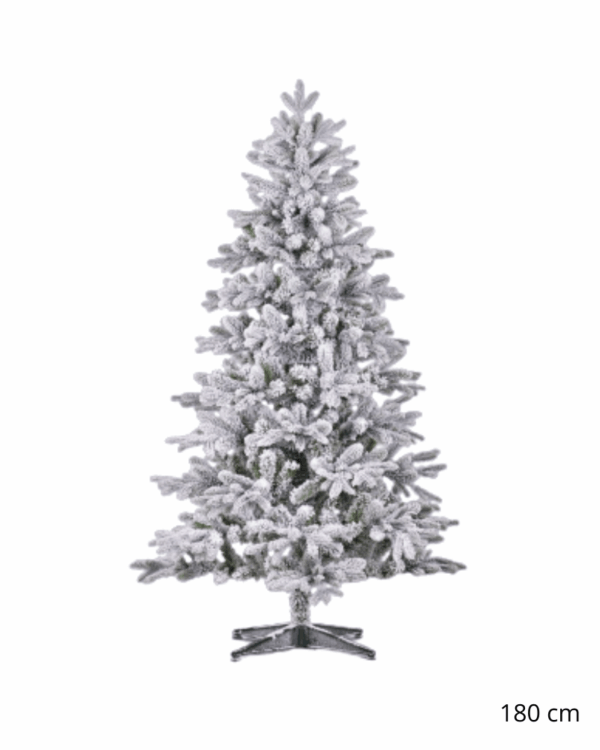 Kunstigt sneklædt juletræ på 180 cm med fyldige, naturtro grene og stabil PVC stand, velegnet til større juleudsmykning i hjemmet, butikker eller professionelle miljøer.
