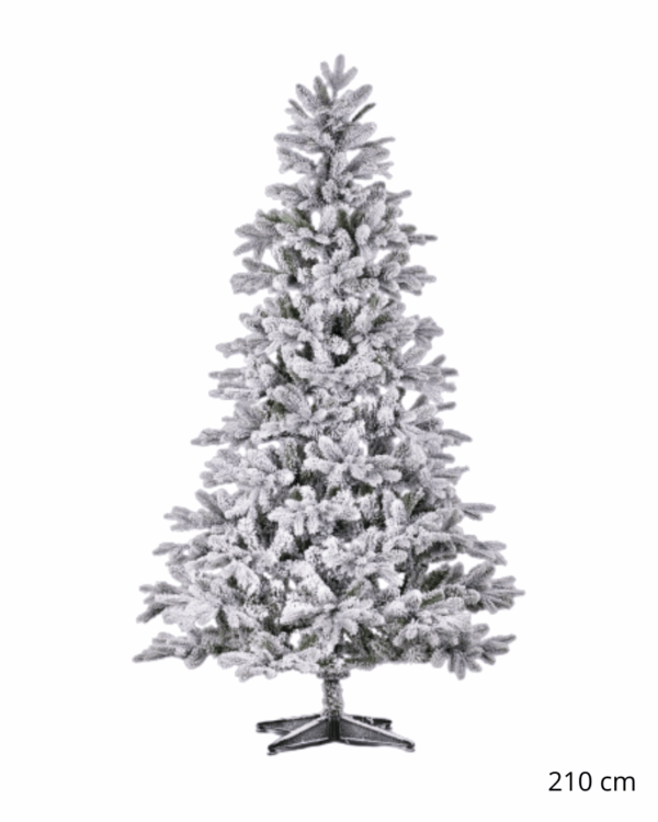 Kunstigt sneklædt juletræ på 210 cm med fyldige, naturtro grene og stabil metalfod, ideelt til imponerende juleudsmykning i hjemmet, butikker eller professionelle miljøer.