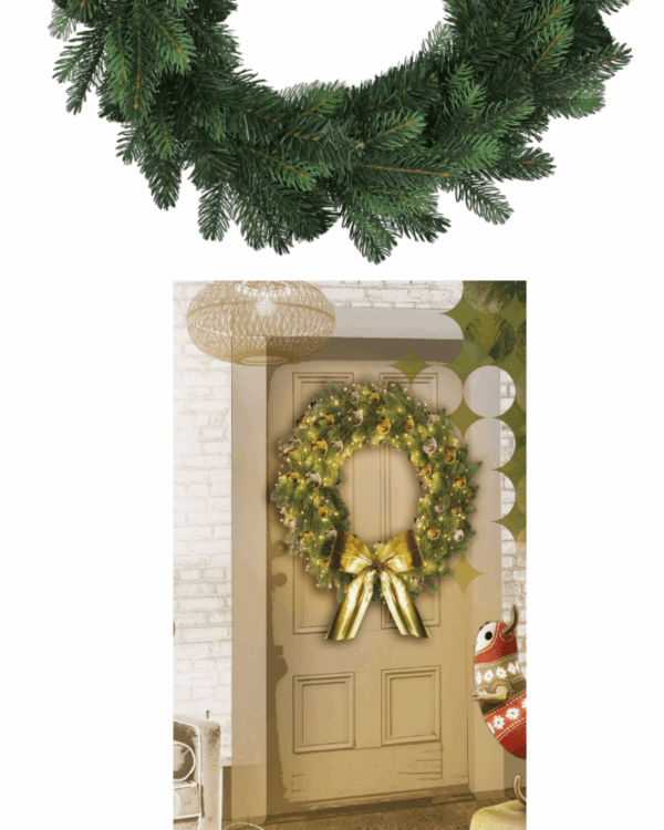 Dekorativ krans fra Oregon MIX PE-serien med naturtro grene, varm LED-belysning, gyldne kugler og sløjfe, ophængt på dør som stemningsfuld juleudsmykning i hjemmet.
