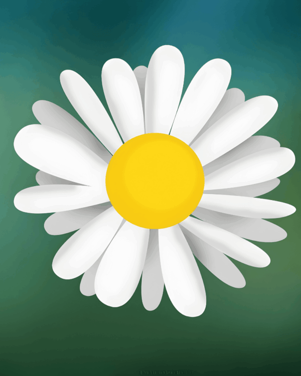 Stiliseret hvid marguerit med gule midte mod grøn baggrund, enkelt og dekorativt motiv velegnet til forårs- og sommerudsmykning, grafiske elementer eller visuel branding i forskellige sammenhænge.