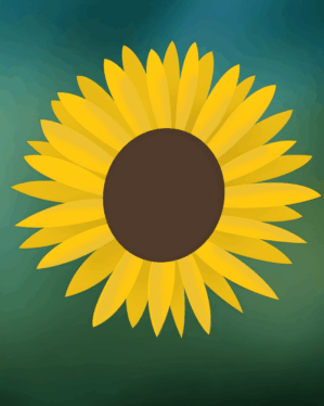 Stiliseret solsikke med gule kronblade og mørk midte på grøn baggrund, dekorativt motiv velegnet til sommerudsmykning, grafiske elementer eller visuel branding i forskellige sammenhænge.