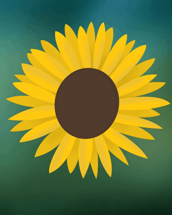 Stiliseret solsikke med gule kronblade og mørk midte på grøn baggrund, dekorativt motiv velegnet til sommerudsmykning, grafiske elementer eller visuel branding i forskellige sammenhænge.