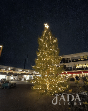 Udendørs juletræ med tæt varm hvid belysning og lille topstjerne, placeret på torv foran butikker og bygninger som stemningsfuld juleudsmykning i bymiljø.