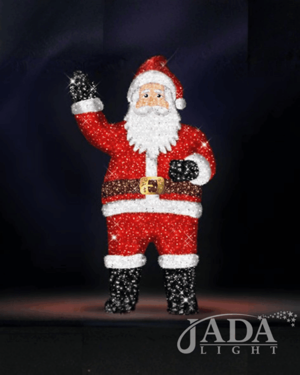 Lysende 3D-julemand i rødt, hvidt og sort med hævet hånd, vist som dekorativ juleinstallation på mørk baggrund til stemningsfuld og klassisk juleudsmykning.
