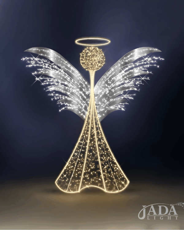 Lysende 3D-englemotiv med hvide vinger, varm hvid krop og gylden glorie, vist som elegant juledekoration på mørk baggrund til stemningsfuld udsmykning.