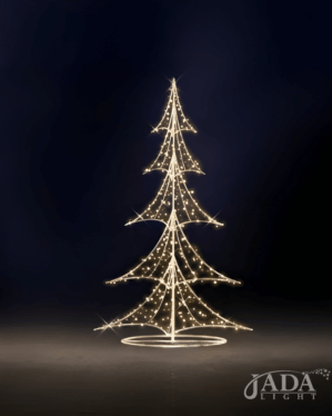 Lysende 3D-juletræ i varm hvid LED med let og åben aluminiumsstruktur, vist på mørk baggrund som elegant dekoration til stemningsfuld og klassisk juleudsmykning.