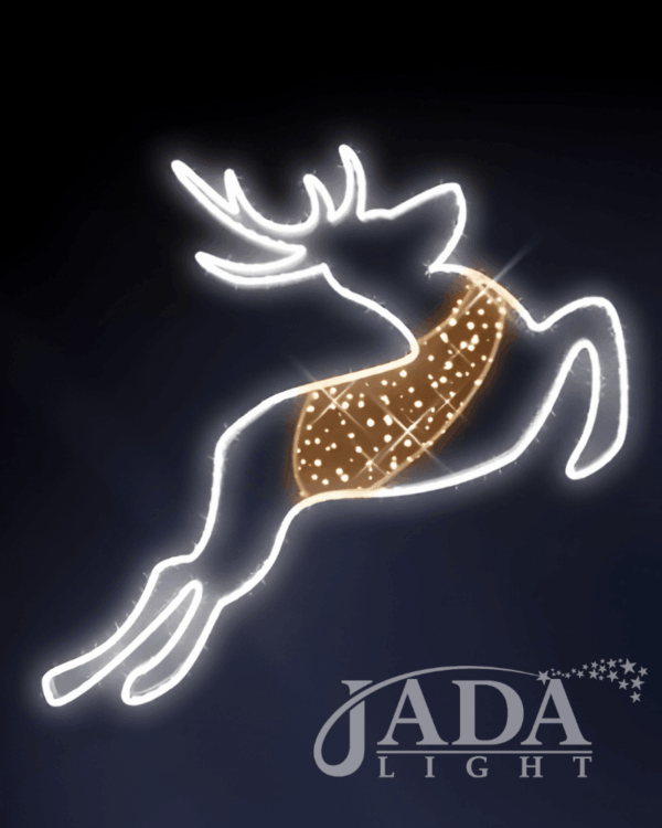 Springende 2D-rensdyrmotiv med hvid LED-kontur og varm hvid glitrende krop, vist på mørk blå baggrund som dekorativt produktbillede til professionel juleudsmykning.