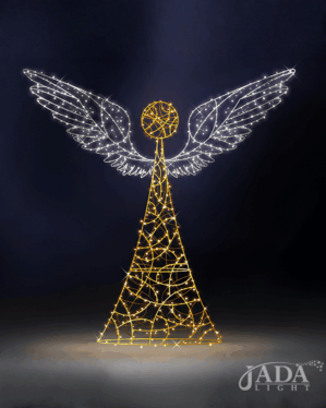 Lysende 3D-engelmotiv med varme gyldne detaljer og hvide vinger, vist som elegant juledekoration på mørk baggrund til stemningsfuld og klassisk udsmykning.