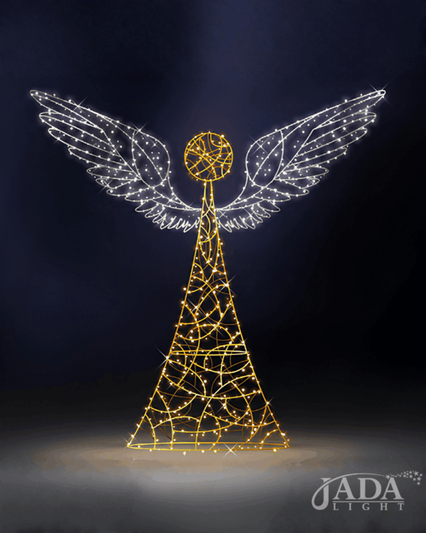 Lysende 3D-engelmotiv med varme gyldne detaljer og hvide vinger, vist som elegant juledekoration på mørk baggrund til stemningsfuld og klassisk udsmykning.