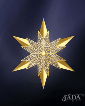 Ottetakket 3D-stjernemotiv i guld med glitrende lysdetaljer, vist på mørk blå baggrund som elegant og dekorativ juleudsmykning med eksklusivt og stemningsfuldt udtryk.