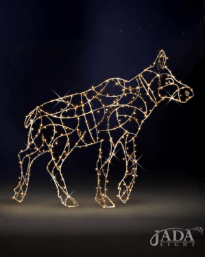 Lysende elgungemotiv med JadaLight PRO varm hvid LED med åben aluminiumskonstruktion, vist på mørk blå baggrund som dekorativ motiv til stemningsfuld og elegant udsmykning.