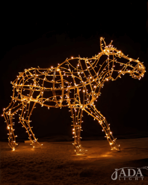Lysende elgkomotiv med JadaLight PRO varm hvid LED med åben aluminiumskonstruktion, vist på mørk baggrund som dekorativ motiv til stemningsfuld og elegant udsmykning.