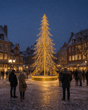 Kæmpe juletræ på torv i dansk by