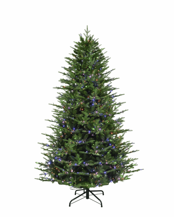 Kunstigt juletræ med RGBW lys på hvid baggrund.