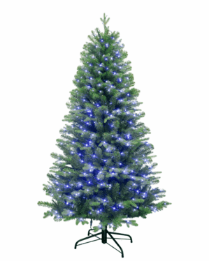 Kunstigt juletræ med RGBW lys på hvid baggrund.