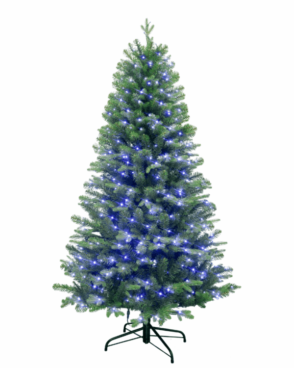 Kunstigt juletræ med RGBW lys på hvid baggrund.