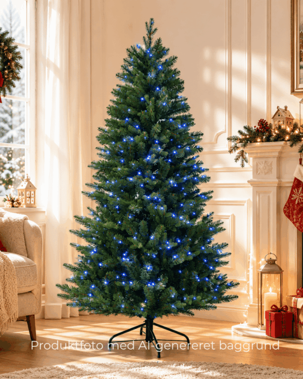 Kunstigt juletræ med RGBW placeret i en stue.