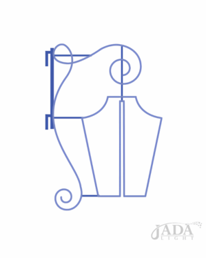 Illustration af lygtepælsmotiv med snoede linjer, hængende lanterne og aluminiumsramme, beregnet til montering på lygtepæl eller facade.