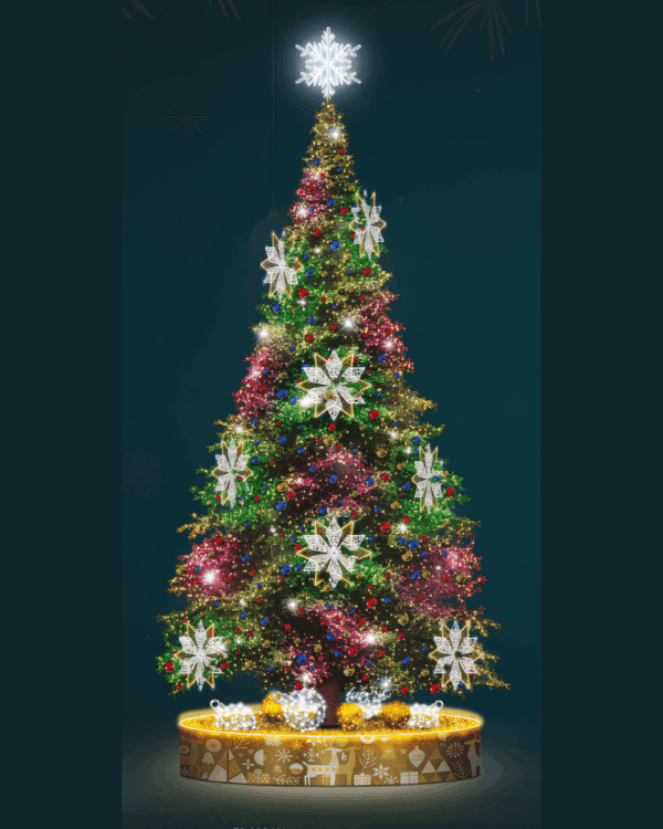 Kunstigt juletræ med snefnug-topstjerne og forskelligfarvede grene.