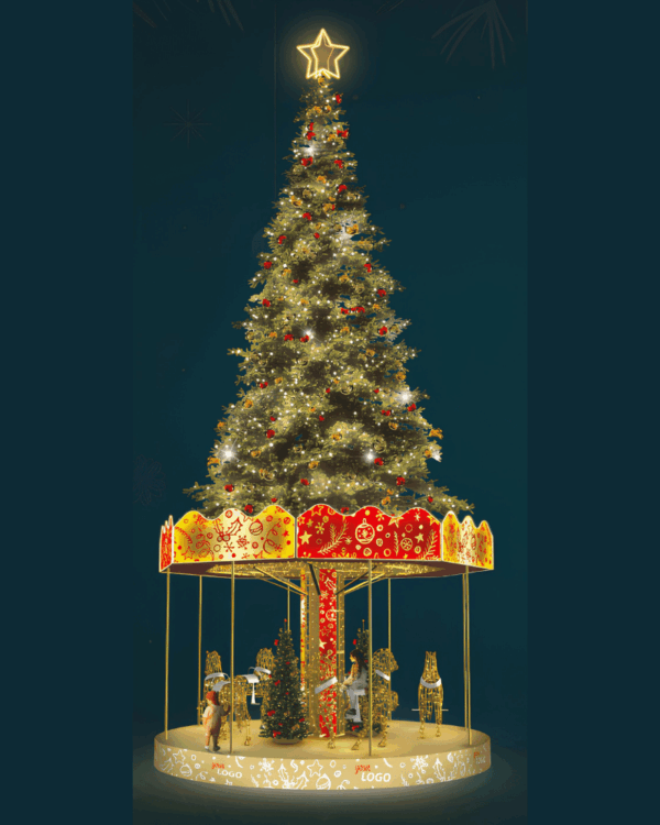 Kunstigt juletræ med karrusel.