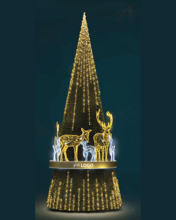 Kunstigt juletræ med plade og 2D dyremotiver i varm hvid og kold hvid udtryk.