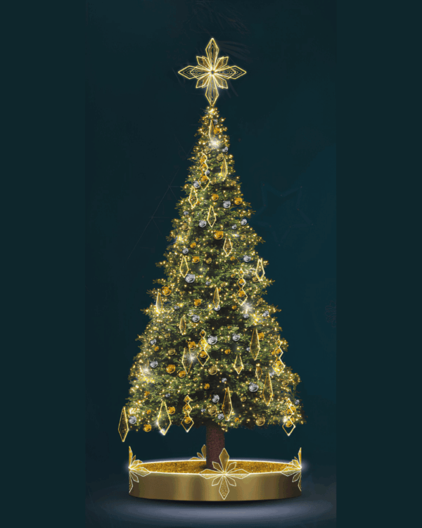 Kunstigt juletræ med mønster og topstjerne og julekugler på sort baggrund.