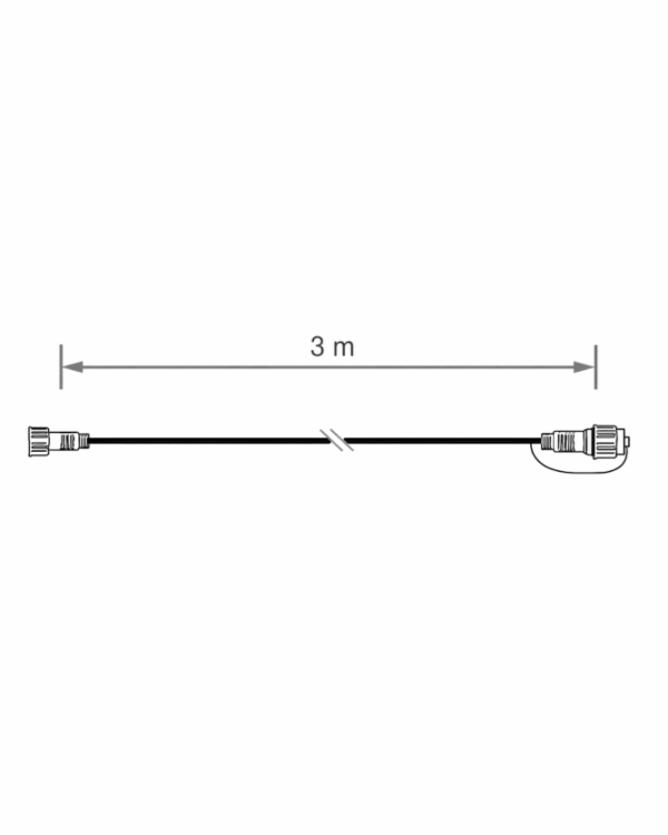 Tegning af forlængerledning på 3 m til LED+ i sort.
