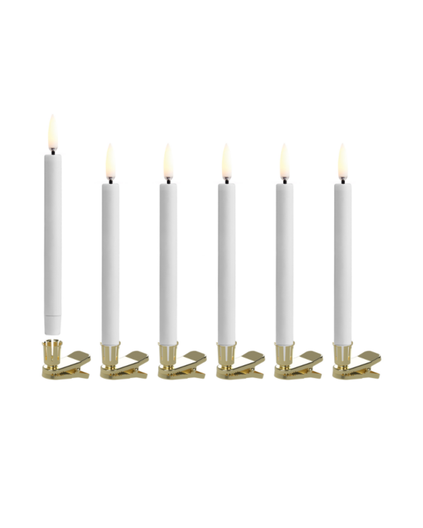 LED mini taper candle w. gold finish clips, White, 6-pack