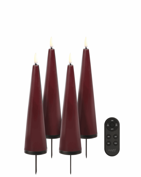 Fire mørkerøde kegleformede LED bloklys med spikes og fjernbetjening.