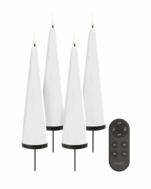4 hvide kegleformede LED lys med pikke til at sætte ned i en adventskrans.