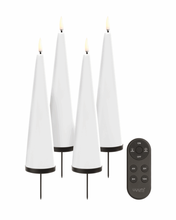 4 hvide kegleformede LED lys med pikke til at sætte ned i en adventskrans.