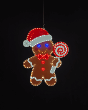 LED honningskagemand med slikkepind og nissehue.