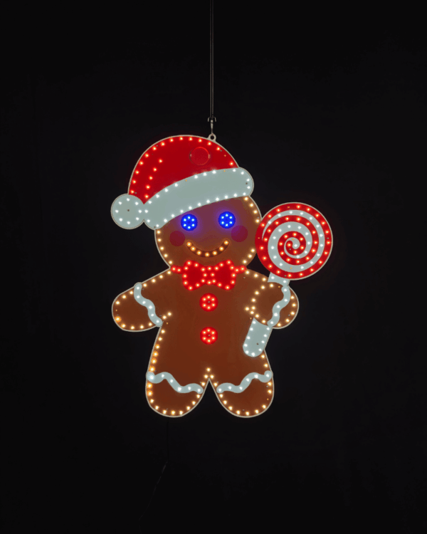 LED honningskagemand med slikkepind og nissehue.