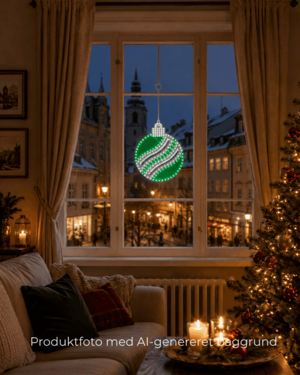 2D julekugle i grøn og kold hvid placeret i et vindue.