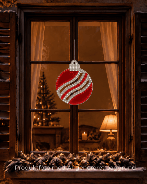 2D rød julekugle med rød og kold hvid LED placeret i vinduet.