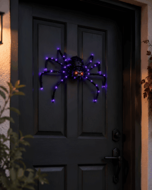 Stor lysende halloween edderkop på hoveddør