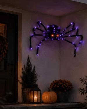 Halloween edderkop med lilla LED og røde LED øjne
