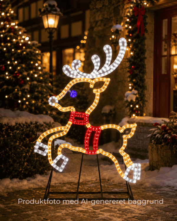 2D rensdyr med LED lys placeret i aftentimerne, og som skaber blikfang og varme i juletiden.