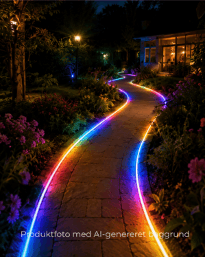 LED neon flex på sti i forskellige farver ved aftentimerne.