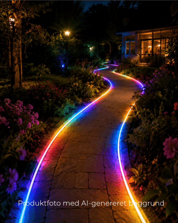 LED neon flex på sti i forskellige farver ved aftentimerne.