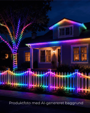 LED neon flex placeret rundt om huset.