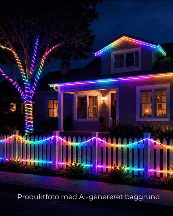 LED neon flex placeret rundt om huset.