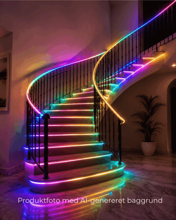 LED neon flex placeret rundt om en trappe.